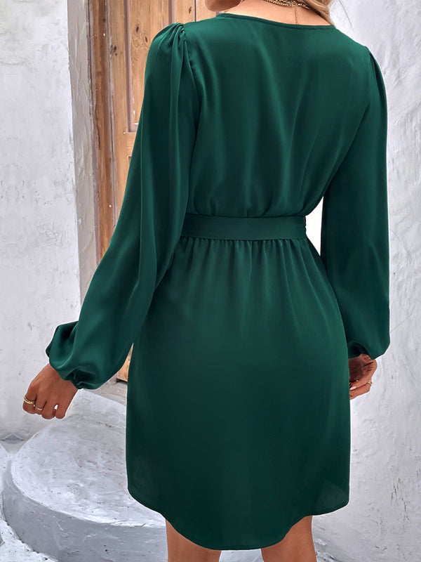 Dresses- Solid A-Line Long Sleeve Waist Tie Mini Dress- - Pekosa Women Clothing