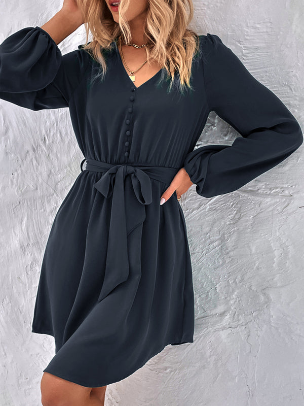 Dresses- Solid A-Line Long Sleeve Waist Tie Mini Dress- Navy Blue- Pekosa Women Clothing