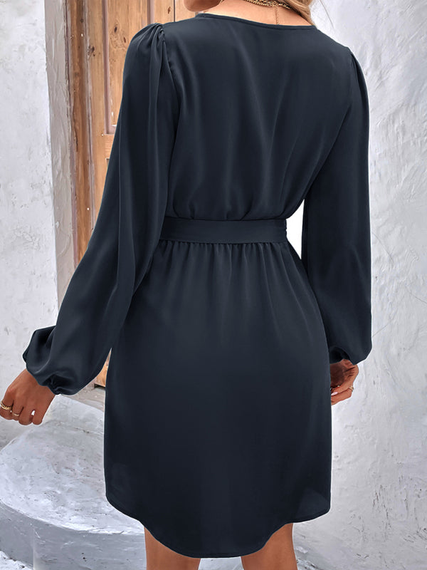 Dresses- Solid A-Line Long Sleeve Waist Tie Mini Dress- - Pekosa Women Clothing