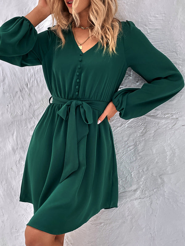 Dresses- Solid A-Line Long Sleeve Waist Tie Mini Dress- - Pekosa Women Clothing