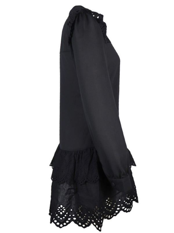 Dresses- Solid Guipure Lace Accents Button Long Sleeve Ruffle Dress- - Pekosa Women Clothing
