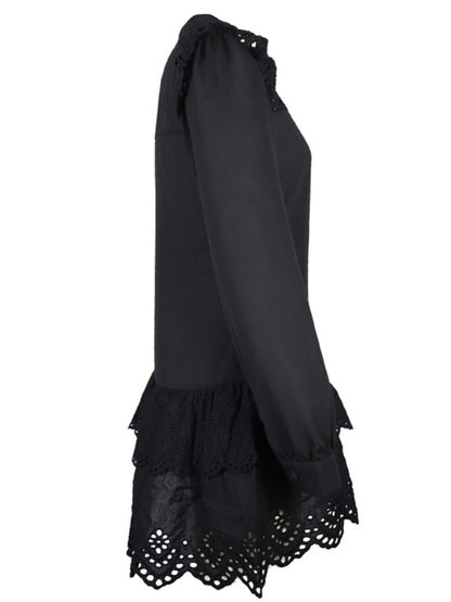 Dresses- Solid Guipure Lace Accents Button Long Sleeve Ruffle Dress- - Pekosa Women Clothing