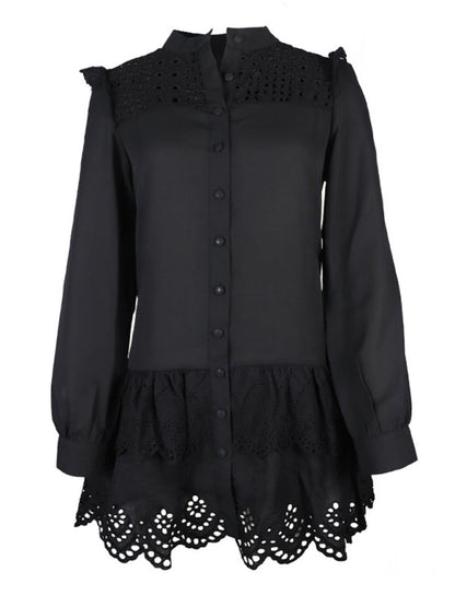 Dresses- Solid Guipure Lace Accents Button Long Sleeve Ruffle Dress- - Pekosa Women Clothing