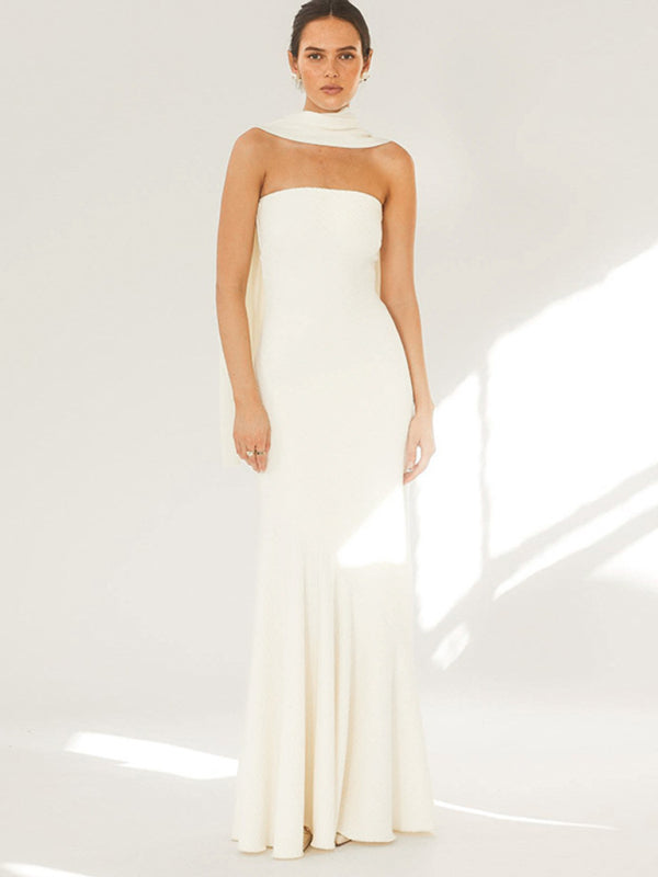 Elegant Dresses- Elegant Evening Tube Mermaid Dress with Shawl- White- Pekosa Women Clothing