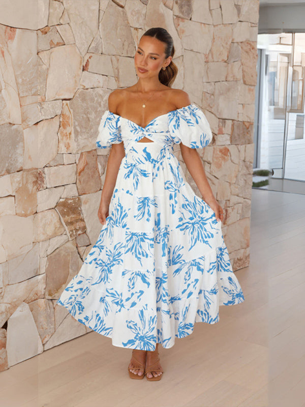 Elegant Dresses- Elegant Floral A-Line Off-Shoulder Midi Dress with Puff Sleeves- Blue- Pekosa Women Clothing