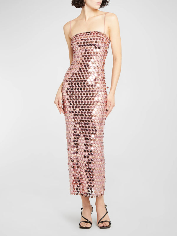 Elegant Dresses- Evening Sequined Wedding Guest Long Dress- Cracker khaki- Pekosa Women Clothing