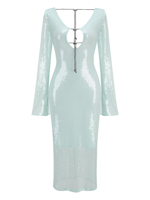 Elegant Dresses- Sparkly Elegant Autumn Cutout Open Tie-Back Dress- - Pekosa Women Clothing