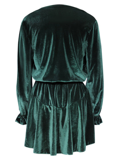 Elegant Dresses- Winter Velvet Surplice V Neck Long Sleeve Mini Dress- - Pekosa Women Clothing