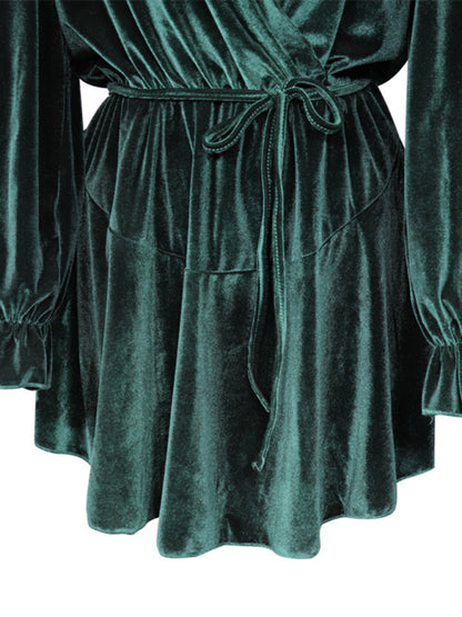 Elegant Dresses- Winter Velvet Surplice V Neck Long Sleeve Mini Dress- - Pekosa Women Clothing
