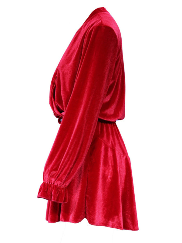 Elegant Dresses- Winter Velvet Surplice V Neck Long Sleeve Mini Dress- - Pekosa Women Clothing