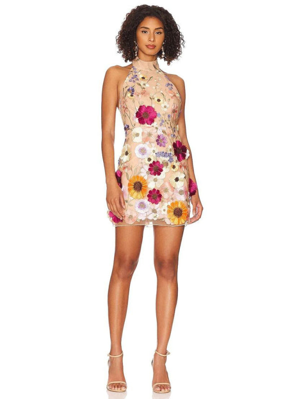 Elegant Mini Dresses- Elegant Backless Halterneck Bouquet Floral Applique Mini Dress- - Pekosa Women Clothing