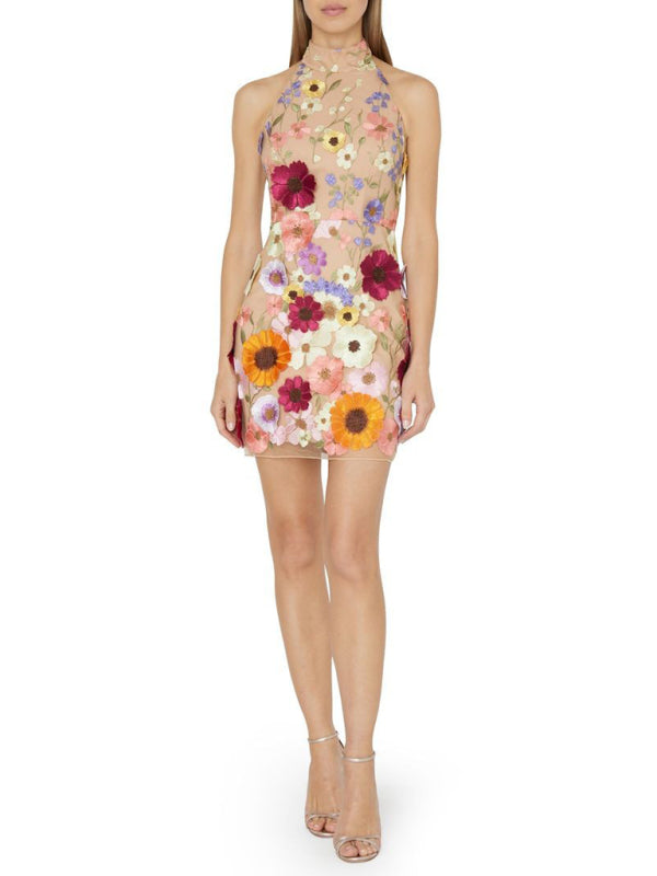 Elegant Mini Dresses- Elegant Backless Halterneck Bouquet Floral Applique Mini Dress- - Pekosa Women Clothing