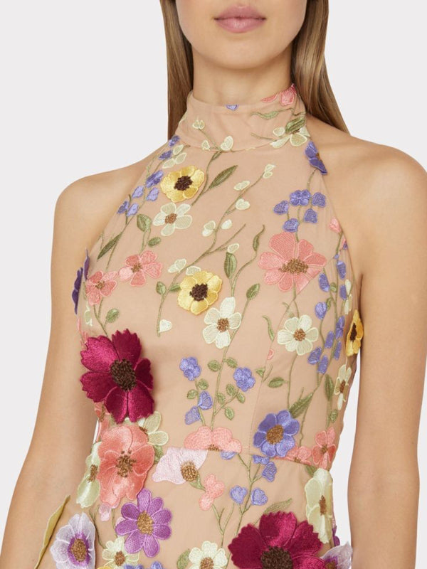 Elegant Mini Dresses- Elegant Backless Halterneck Bouquet Floral Applique Mini Dress- - Pekosa Women Clothing