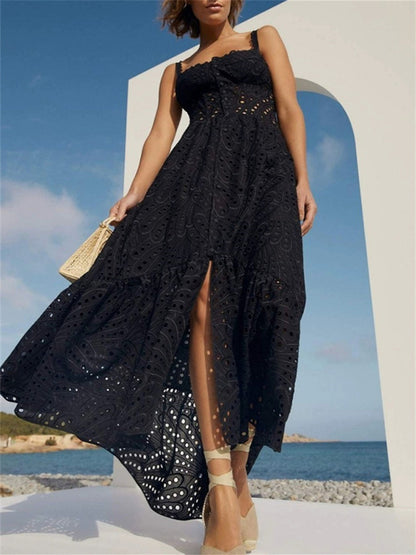 Embroidery Dresses- Romantic Embroidered Eyelet Flounce Balconette Midi Dress- Black- Pekosa Women Clothing