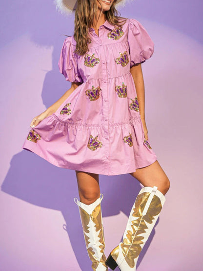 Festive Dresses- Mardi Gras Crown Sequin Patchwork Tunic Shirt Dress- - Pekosa Women Clothing
