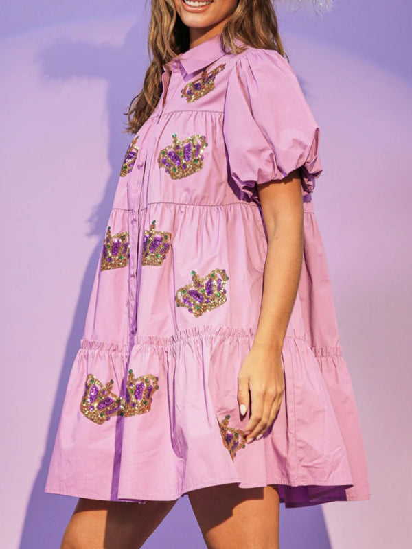 Festive Dresses- Mardi Gras Crown Sequin Patchwork Tunic Shirt Dress- - Pekosa Women Clothing