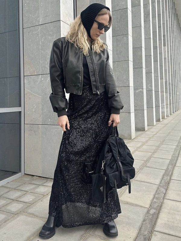 Festive Outfits- Glitter Gala Festive Sequined Long Sleeve Crop Top with Maxi Skirt- - Pekosa Women Clothing