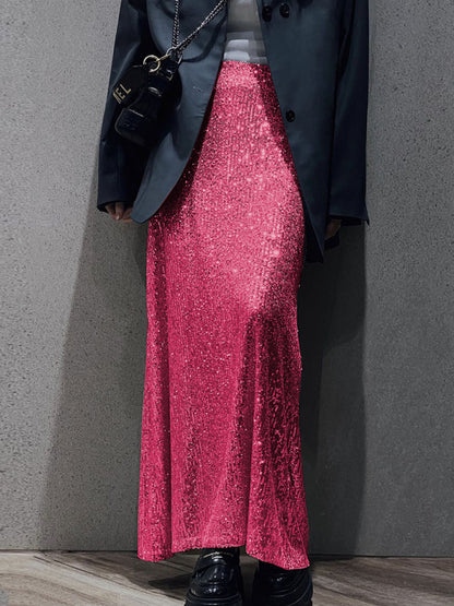 Festive Outfits- Glitter Gala Festive Sequined Long Sleeve Crop Top with Maxi Skirt- - Pekosa Women Clothing