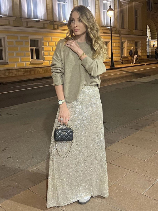 Festive Outfits- Glitter Gala Festive Sequined Long Sleeve Crop Top with Maxi Skirt- - Pekosa Women Clothing