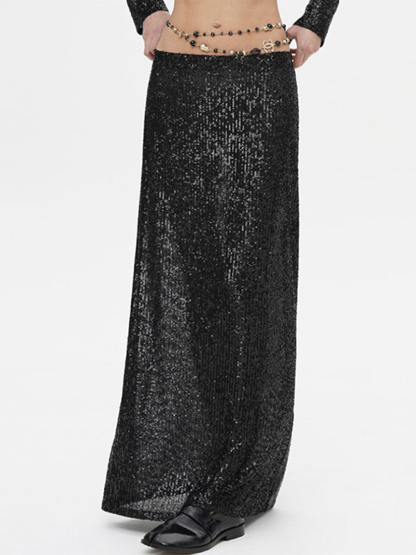 Festive Outfits- Glitter Gala Festive Sequined Long Sleeve Crop Top with Maxi Skirt- - Pekosa Women Clothing
