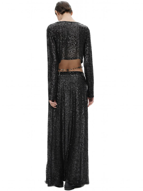 Festive Outfits- Glitter Gala Festive Sequined Long Sleeve Crop Top with Maxi Skirt- - Pekosa Women Clothing