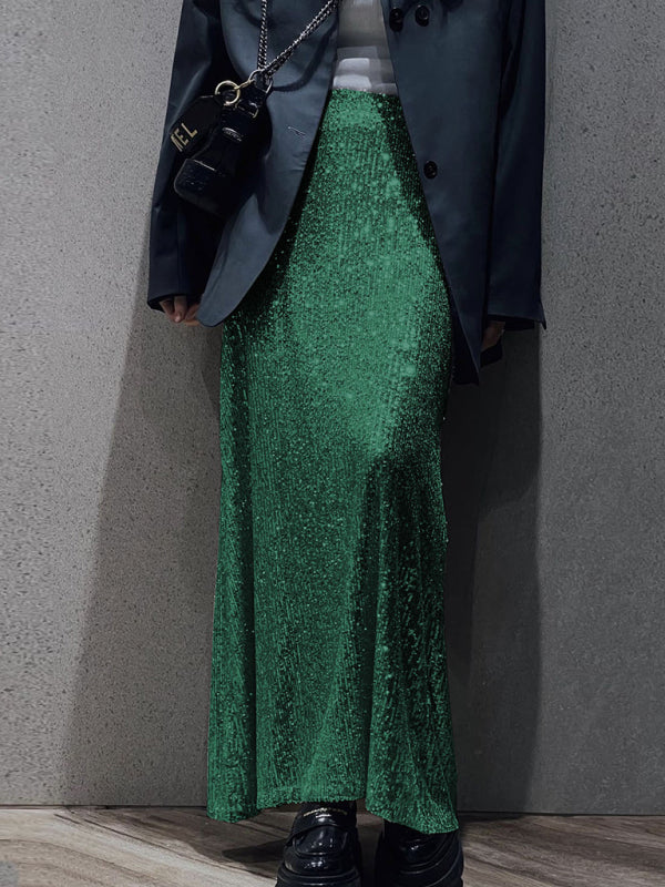 Festive Outfits- Glitter Gala Festive Sequined Long Sleeve Crop Top with Maxi Skirt- - Pekosa Women Clothing