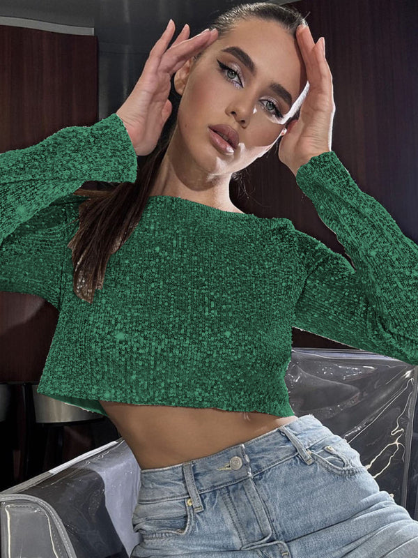 Festive Outfits- Glitter Gala Festive Sequined Long Sleeve Crop Top with Maxi Skirt- Deep green- Pekosa Women Clothing
