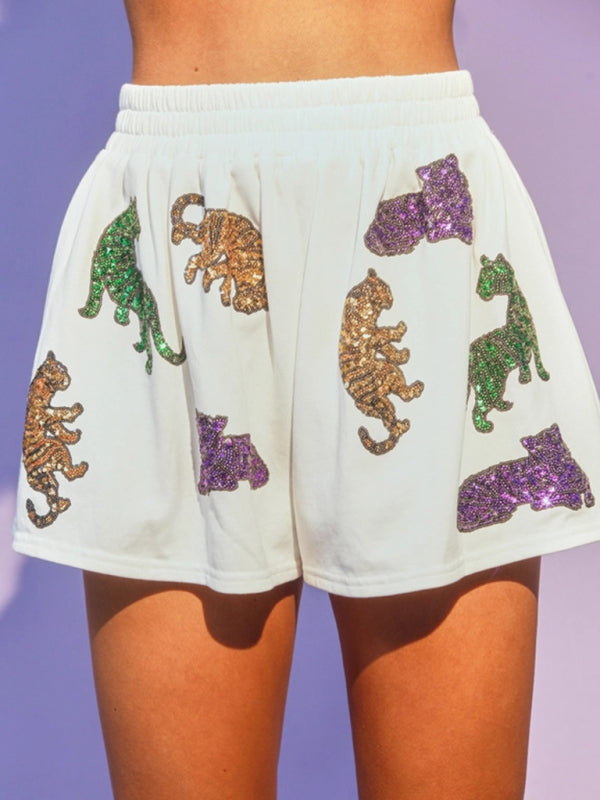 Festive Outfits- Sparkle Mardi Gras 2 Piece Festive Outfit Shorts and Blouse Tee- - Pekosa Women Clothing