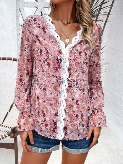 Floral Blouses- V-Neck Blouse - Long Sleeve Floral Top with Delicate Lace Accents- - Pekosa Women Clothing