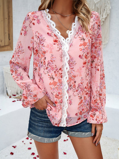 Floral Blouses- V-Neck Blouse - Long Sleeve Floral Top with Delicate Lace Accents- - Pekosa Women Clothing