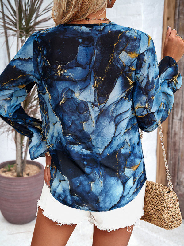 Floral Blouses- V-Neck Blouse - Long Sleeve Floral Top with Delicate Lace Accents- - Pekosa Women Clothing