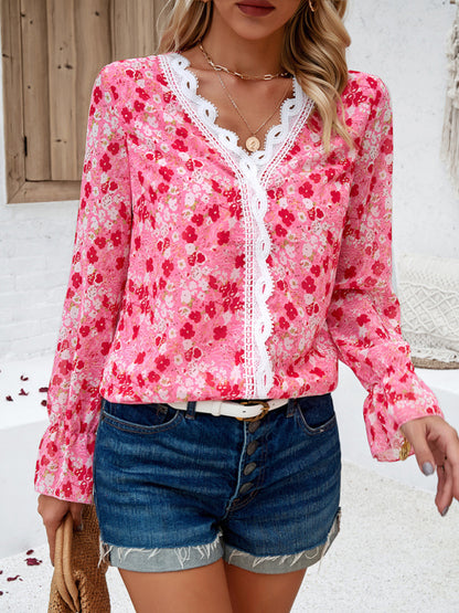 Floral Blouses- V-Neck Blouse - Long Sleeve Floral Top with Delicate Lace Accents- - Pekosa Women Clothing
