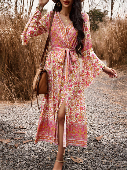 Floral Dresses- Autumn Floral Faux Wrap Bell Sleeve Waist Tie Midi Dress- - Pekosa Women Clothing