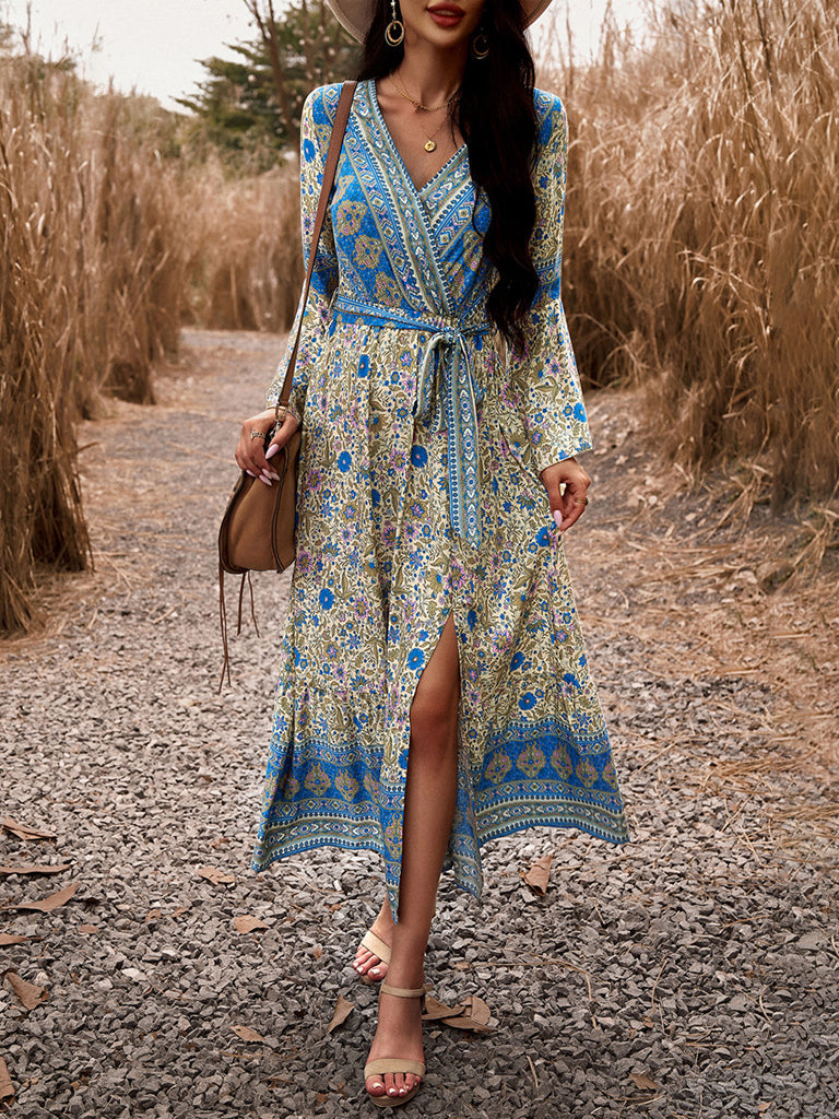 Floral Dresses- Autumn Floral Faux Wrap Bell Sleeve Waist Tie Midi Dress- - Pekosa Women Clothing