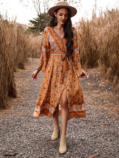 Floral Dresses- Autumn Floral Faux Wrap Bell Sleeve Waist Tie Midi Dress- - Pekosa Women Clothing