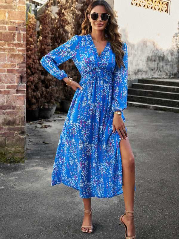 Floral Dresses- Autumn Floral Ruffle Waist V Neck Maxi Dress- - Pekosa Women Clothing