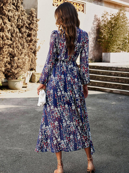 Floral Dresses- Autumn Floral Ruffle Waist V Neck Maxi Dress- - Pekosa Women Clothing
