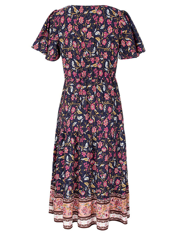 Floral Dresses- Casual Cotton Floral Short Sleeve Tie-Waist Midi Dress- - Pekosa Women Clothing