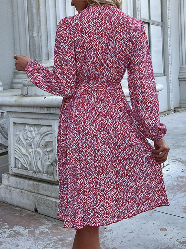 Floral Dresses- Ditsy Floral Midi Dress: Belted, Long Sleeve, Pleated- - Pekosa Women Clothing