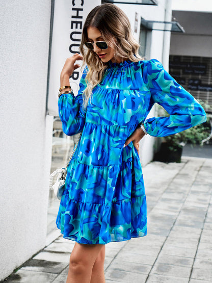 Floral Dresses- Elegant Women's Floral Tiered Dress with Long Lantern Sleeve- - Pekosa Women Clothing