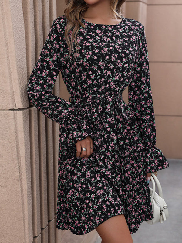 Floral Dresses- Floral Long Sleeve Belted A-Line Dress in Pleated Finish- - Pekosa Women Clothing