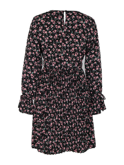 Floral Dresses- Floral Long Sleeve Belted A-Line Dress in Pleated Finish- - Pekosa Women Clothing