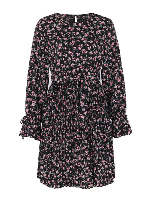 Floral Dresses- Floral Long Sleeve Belted A-Line Dress in Pleated Finish- - Pekosa Women Clothing