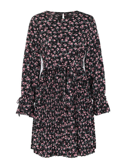 Floral Dresses- Floral Long Sleeve Belted A-Line Dress in Pleated Finish- - Pekosa Women Clothing