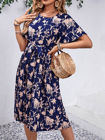 Floral Dresses- Floral Pleated Belt Tie Midi Dress in A-Line with Short Sleeves- - Pekosa Women Clothing
