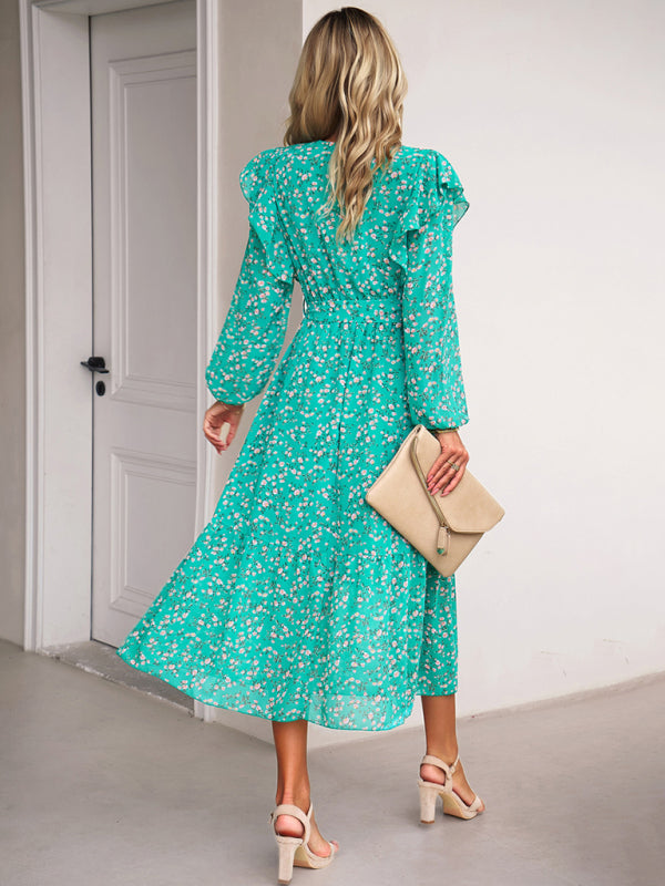 Floral Dresses- Floral Ruffle Belted Surplice Midi Dress with Long Sleeve- - Pekosa Women Clothing