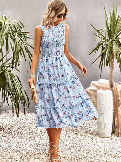 Floral Dresses- Floral Tiered Midi Dress: Smocked Bodice, Ruffle Accents- - Pekosa Women Clothing