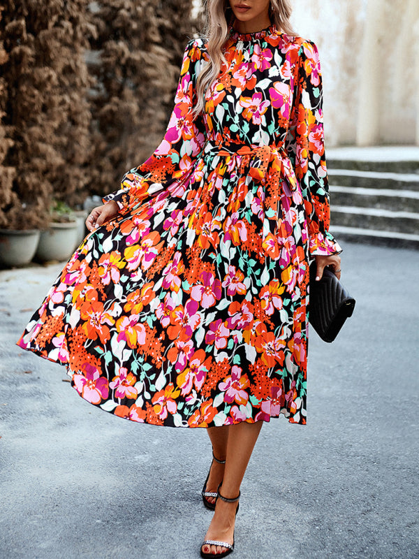 Floral Dresses- Glamorous Floral Pleated Midi Dress with Long Sleeve, Matching Belt- - Pekosa Women Clothing