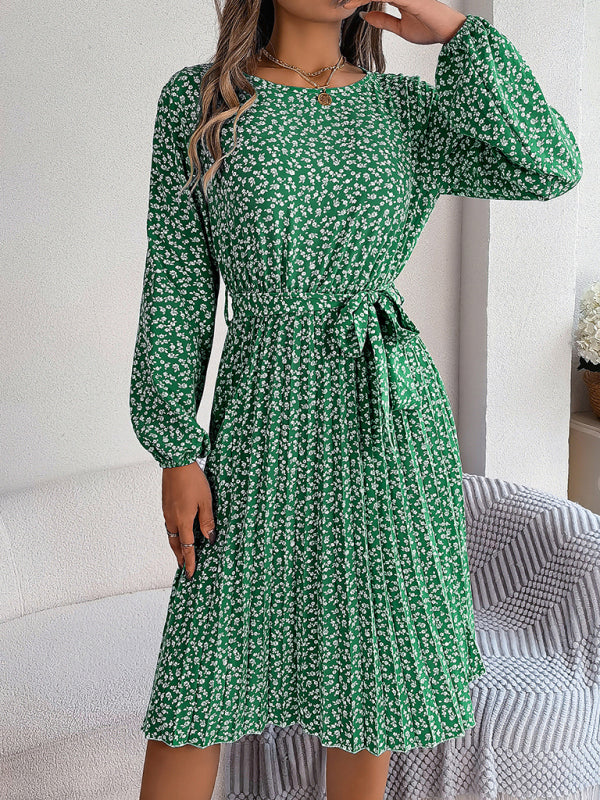 Floral Dresses- Spring Belted A-Line Dress with Pleats & Long Sleeves in Floral Print- - Pekosa Women Clothing