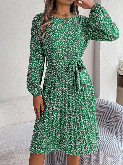 Floral Dresses- Spring Belted A-Line Dress with Pleats & Long Sleeves in Floral Print- - Pekosa Women Clothing